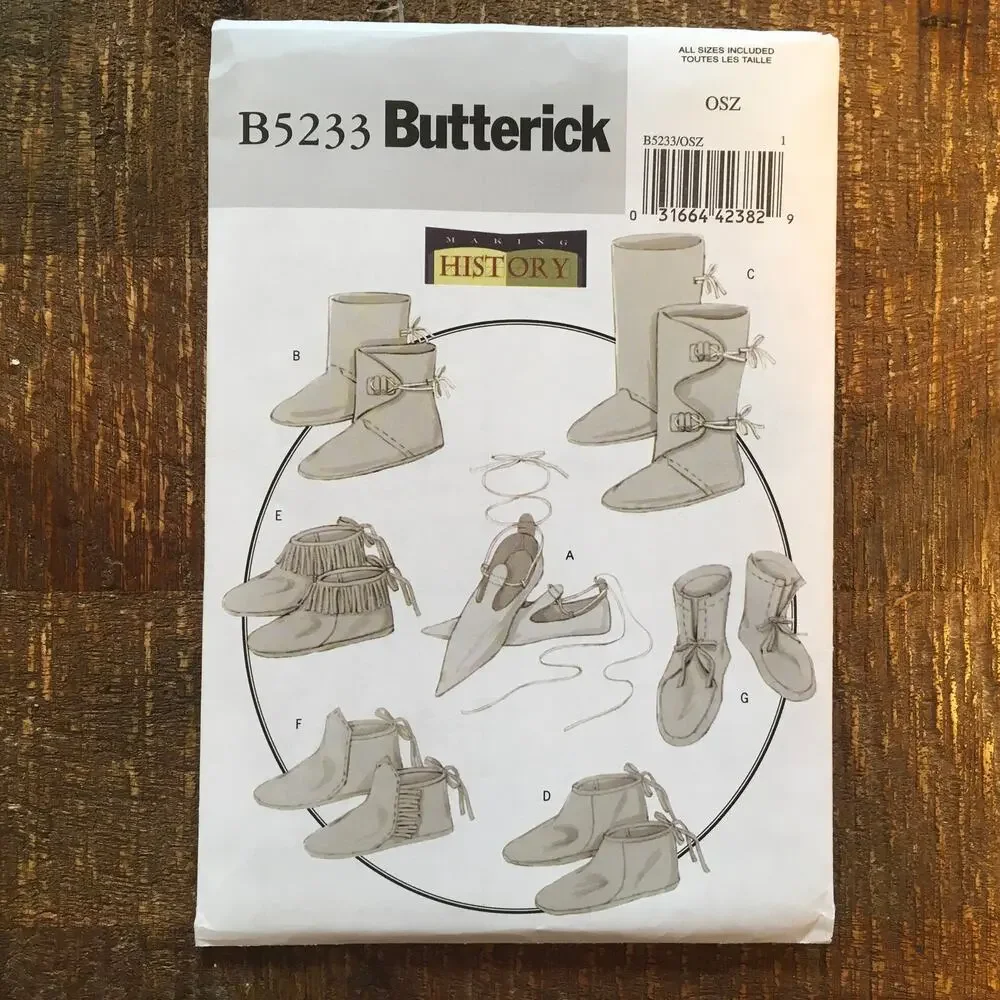 Butterick Sewing Pattern B5233 Historical Footwear Slippers Boot Moccasins UNCUT